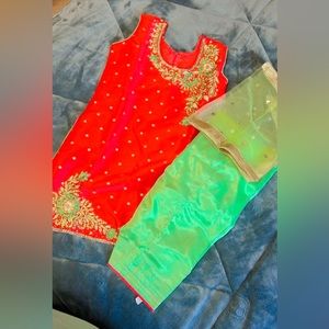 Punjabi Cherry Red with Green Salwar Suit